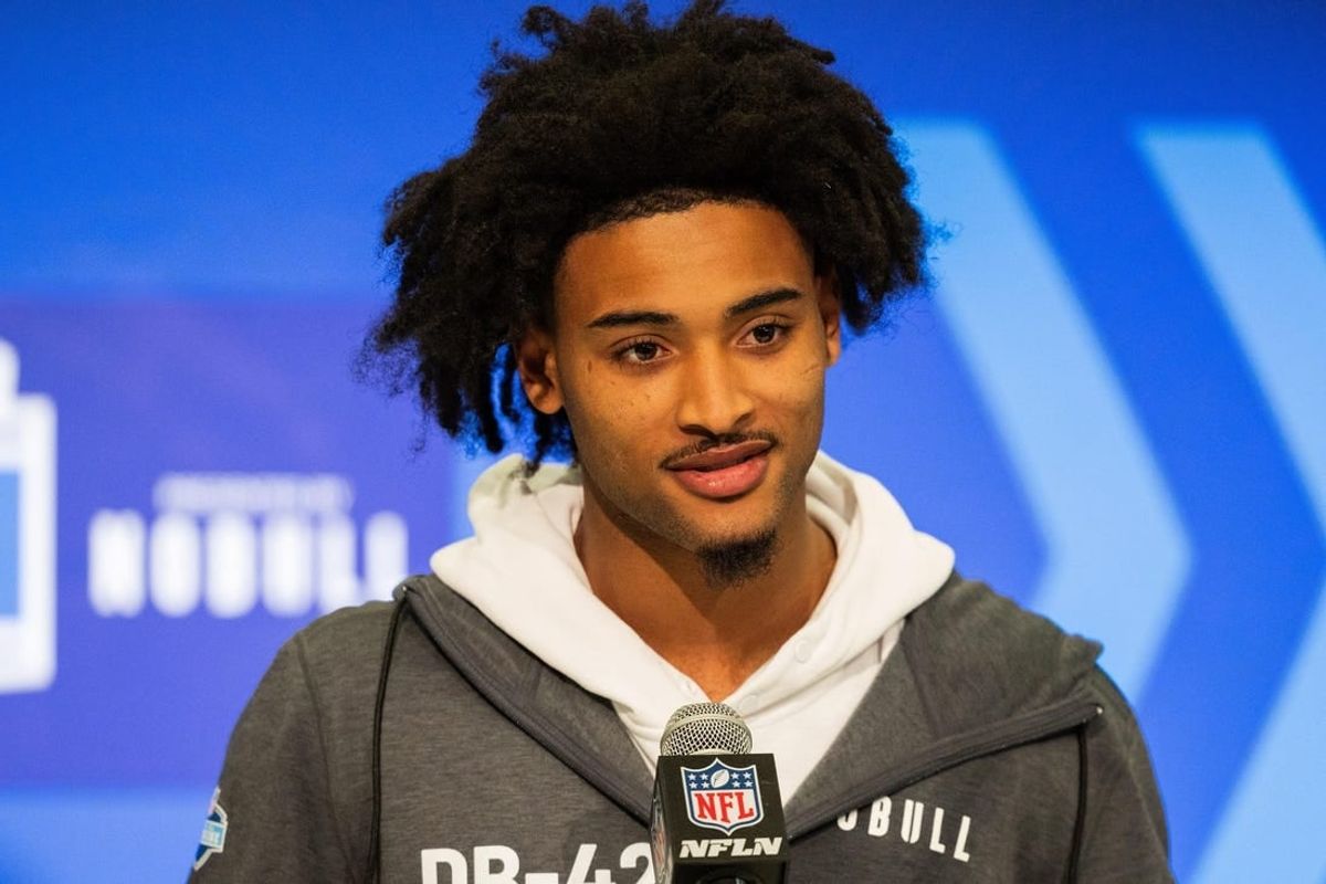 Feb 29, 2024; Indianapolis, IN, USA; Clemson defensive back Nate Wiggins (DB42) talks to the media during the 2024 NFL Combine at Lucas Oil Stadium.