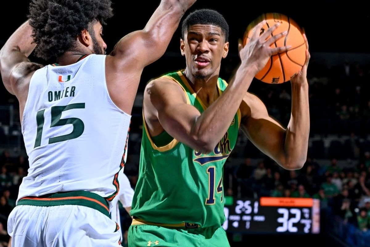 Jan 24, 2024; South Bend, Indiana, USA; Notre Dame Fighting Irish forward Kebba Njie (14) looks to shoot as Miami Hurricanes forward Norchad Omier (15) defends in the first half at the Purcell Pavilion.