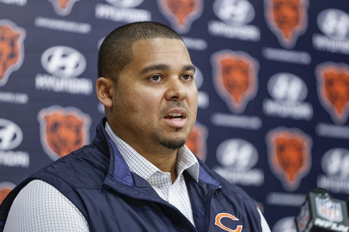 Chicago Bears general manager Ryan Poles speaks during a press conference at Halas Hall.