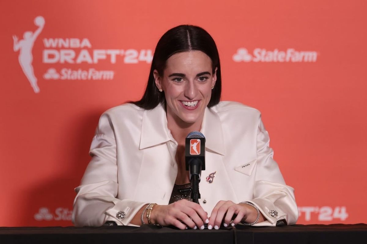 Apr 15, 2024; Brooklyn, NY, USA; Caitlin Clark speaks in a press conference after she is selected with the number one overall pick to the Indiana Fever n the 2024 WNBA Draft at Brooklyn Academy of Music.