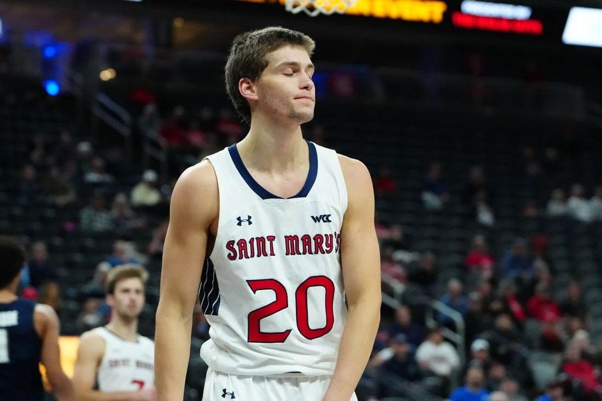 Nov 19, 2023; Las Vegas, NV, USA; St. Mary's Gaels guard Aidan Mahaney (20) reacts to a foul during the second half against the Xavier Musketeers at T-Mobile Arena.