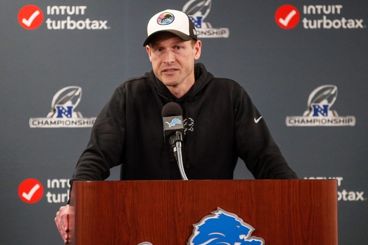 Detroit Lions offensive coordinator Ben Johnson speaks at Detroit Lions headquarters and training facility in Allen Park on Thursday, Jan. 25, 2024.