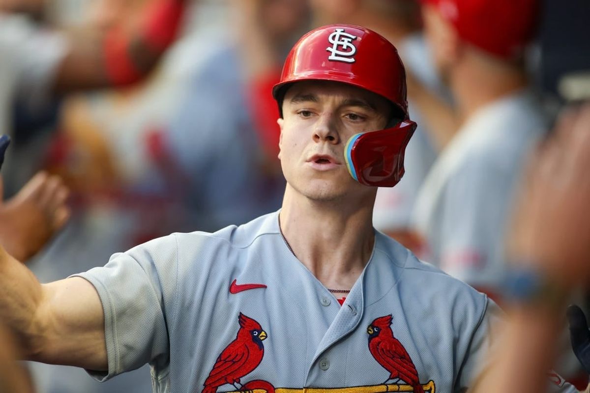 Sep 5, 2023; Atlanta, Georgia, USA; St. Louis Cardinals left fielder Tyler O'Neill (27) celebrates with teammates after a two-run home run against the Atlanta Braves in the second inning at Truist Park.