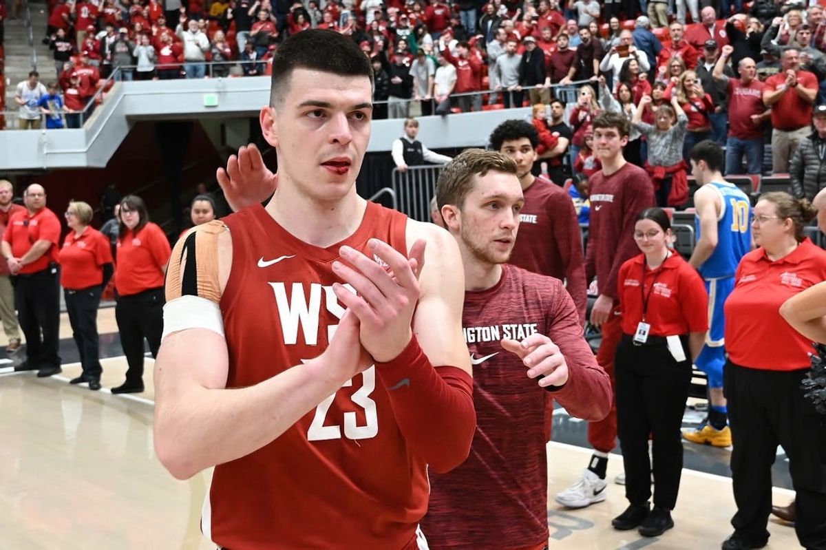 Mar 2, 2024; Pullman, Washington, USA; Washington State Cougars forward Andrej Jakimovski (23) walks off the court after a game against the UCLA Bruins at Friel Court at Beasley Coliseum. Washington State Cougars won 77-65.