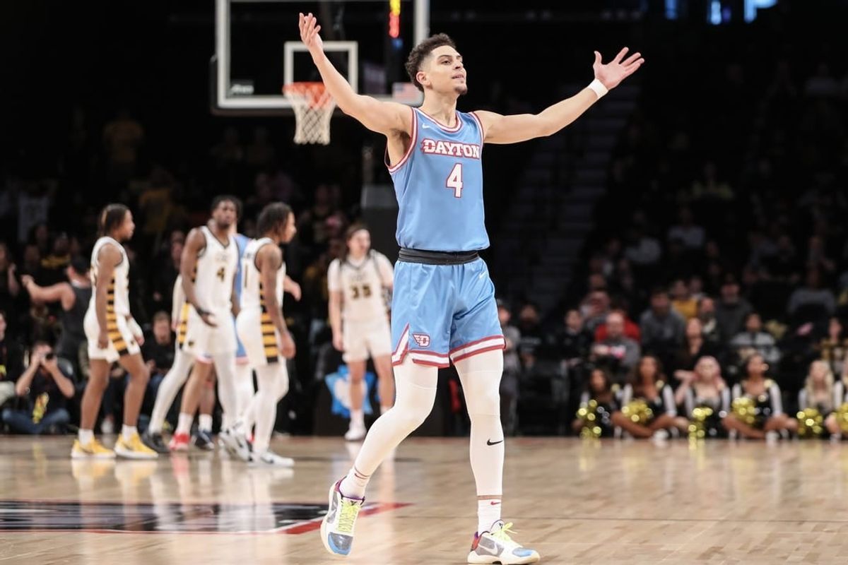 Mar 12, 2023; Brooklyn, NY, USA;  Dayton Flyers guard Koby Brea (4) waves to the crowd after a timeout is called by the Virginia Commonwealth Rams in the first half at Barclays Center.