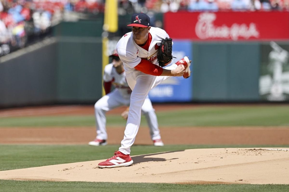 Apr 7, 2024; St. Louis, Missouri, USA; St. Louis Cardinals pitcher Kyle Gibson (44) pitches against the Miami Marlins during the first inning at Busch Stadium.