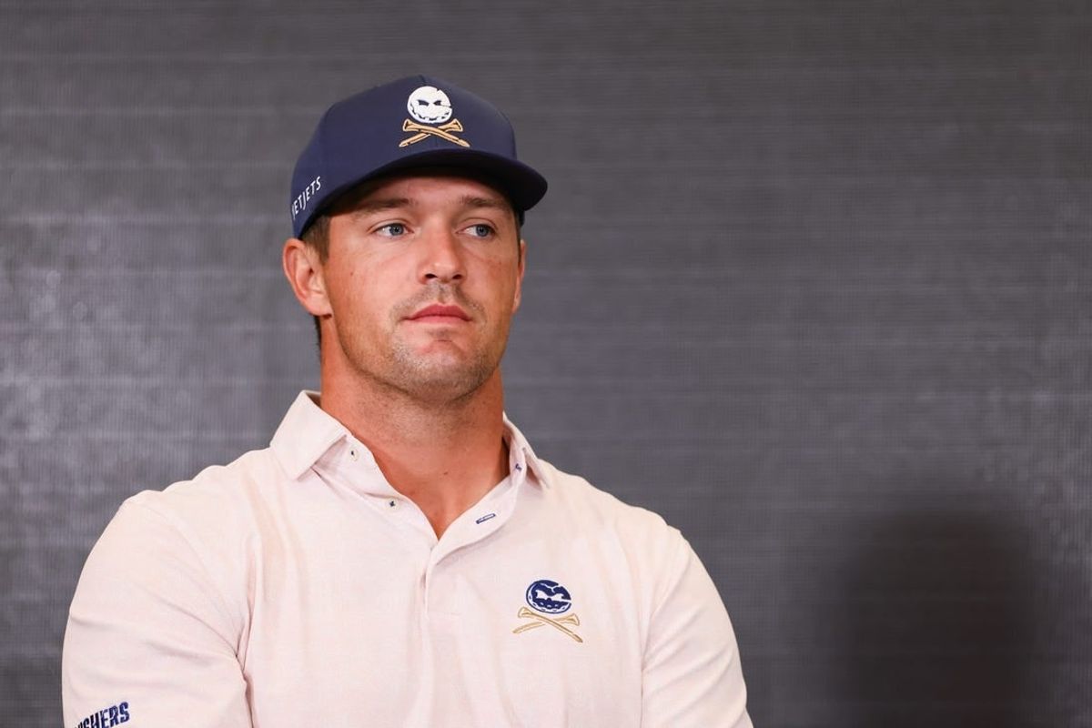 Apr 3, 2024; Miami, Florida, USA; Bryson DeChambeau talks to reporters during a LIV Golf Miami practice round at Trump National Doral.