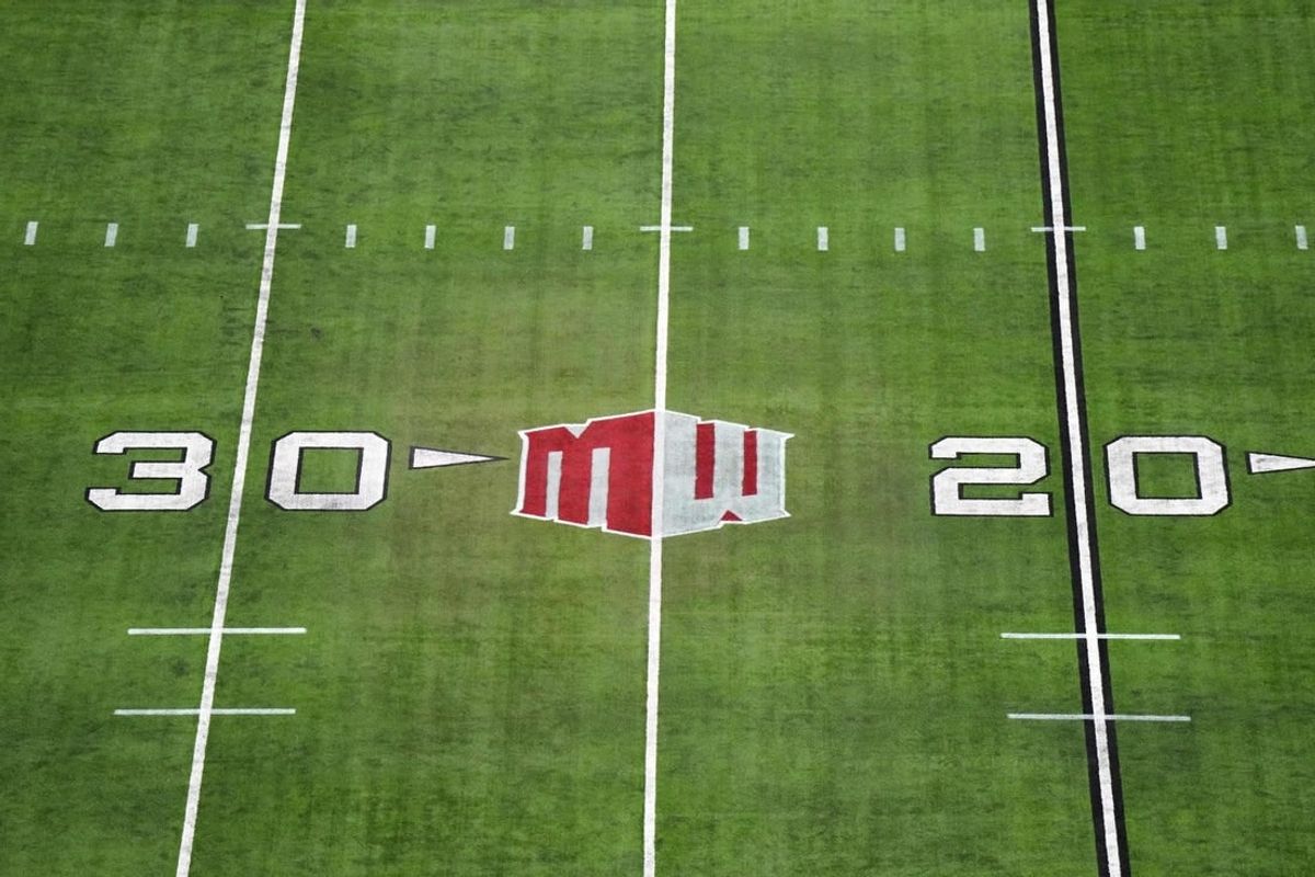 Dec 2, 2023; Las Vegas, NV, USA; The Mountain West conference logo on the field at Allegiant Stadium.