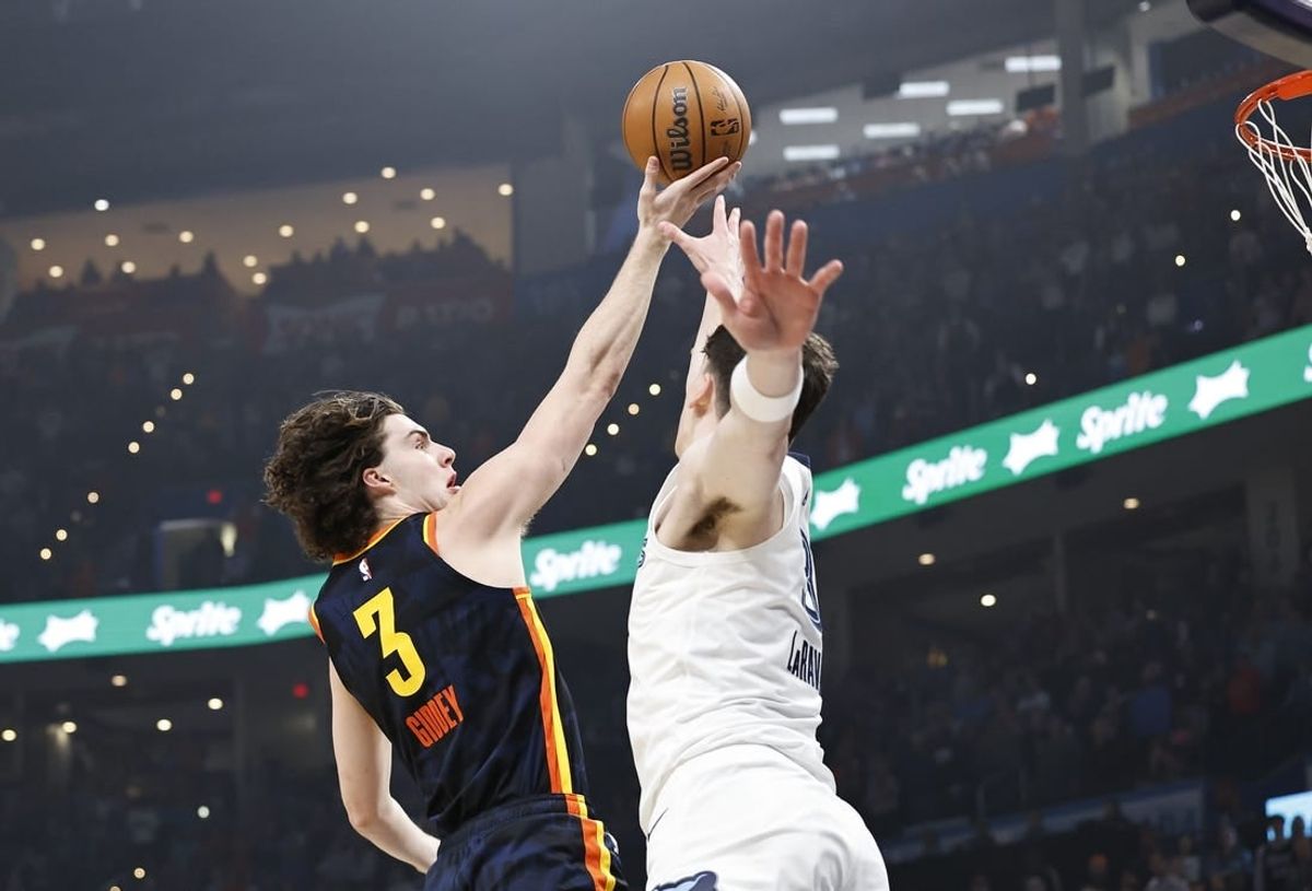 Mar 10, 2024; Oklahoma City, Oklahoma, USA; Oklahoma City Thunder guard Josh Giddey (3) shoots as Memphis Grizzlies forward Jake LaRavia (3) defends during the first quarter at Paycom Center.