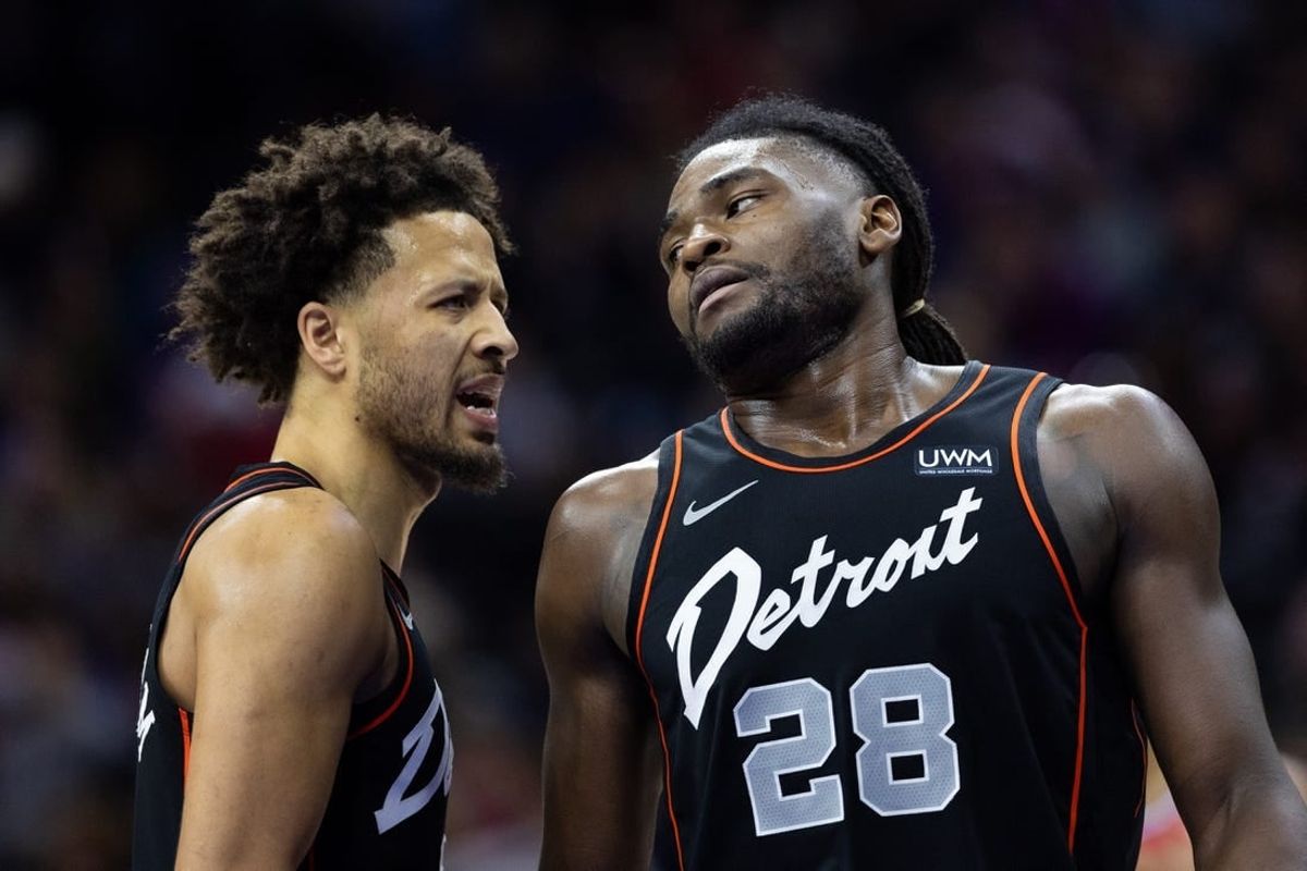 Dec 15, 2023; Philadelphia, Pennsylvania, USA; Detroit Pistons center Isaiah Stewart (28) reacts with guard Cade Cunningham (2) after a Philadelphia 76ers score during the second quarter at Wells Fargo Center.