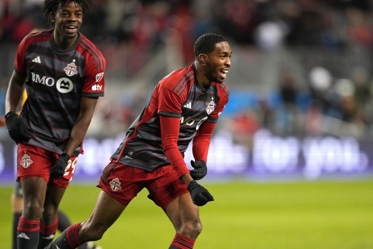 Mar 23, 2024; Toronto, Ontario, USA; Toronto FC forward Tyrese Spicer (16) celebrates his goal against Atlanta United at BMO Field.