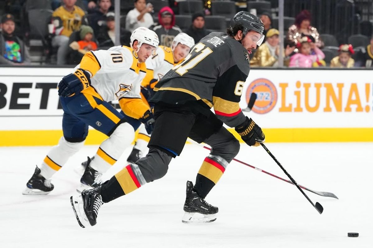 Jan 15, 2024; Las Vegas, Nevada, USA; Vegas Golden Knights right wing Mark Stone (61) skates against the Nashville Predators during the first period at T-Mobile Arena.