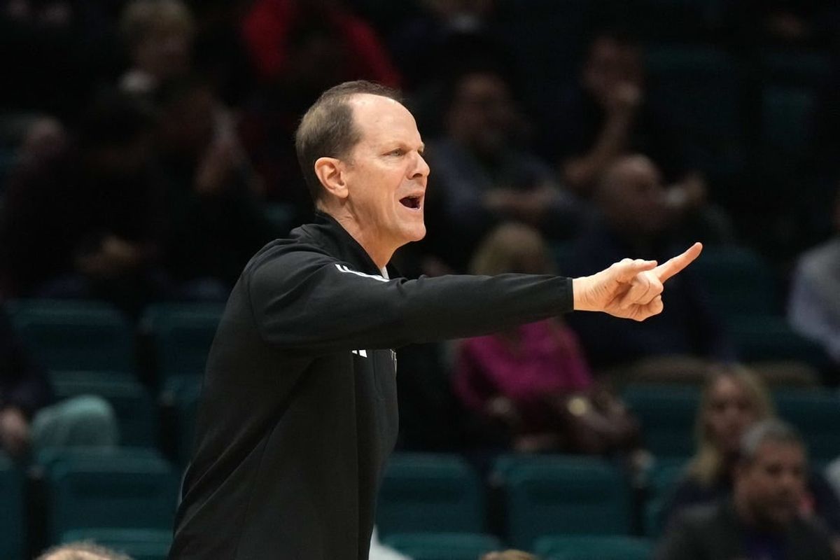 Dec 2, 2023; Las Vegas, Nevada, USA; Washington Huskies coach Mike Hopkins gestures in the second half against the Colorado State Rams during the Legends of Basketball Las Vegas Invitational at MGM Grand Garden Arena.