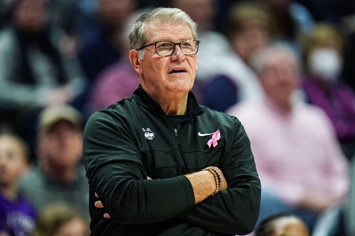 Feb 4, 2024; Storrs, Connecticut, USA; UConn Huskies head coach Geno Auriemma watches from the sidelines they take on the St. John's Red Storm at Harry A. Gampel Pavilion.