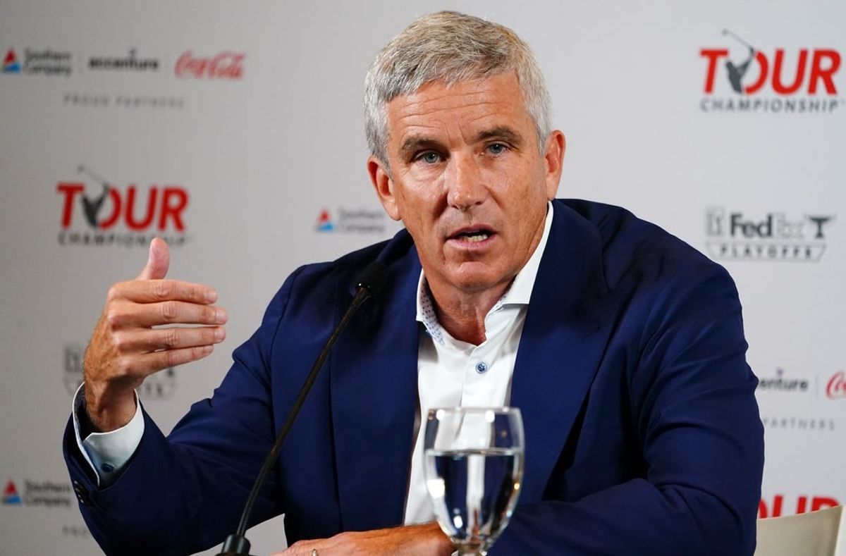 Aug 22, 2023; Atlanta, Georgia, USA; PGA Tour Commissioner Jay Monahan addresses the media during a press conference in the Clubhouse Ballroom at East Lake Golf Club prior to Thursday s start of the TOUR Championship golf tournament.