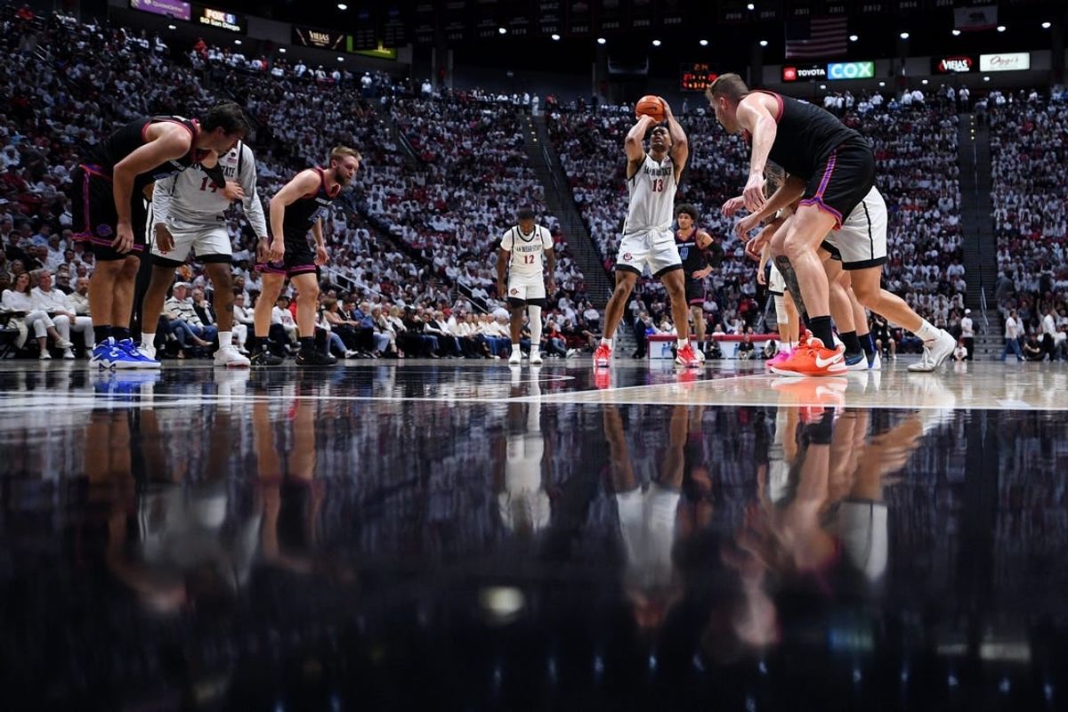Mar 8, 2024; San Diego, California, USA; San Diego State Aztecs forward Jaedon LeDee (13) shoots a free throw against the Boise State Broncos during the first half at Viejas Arena.