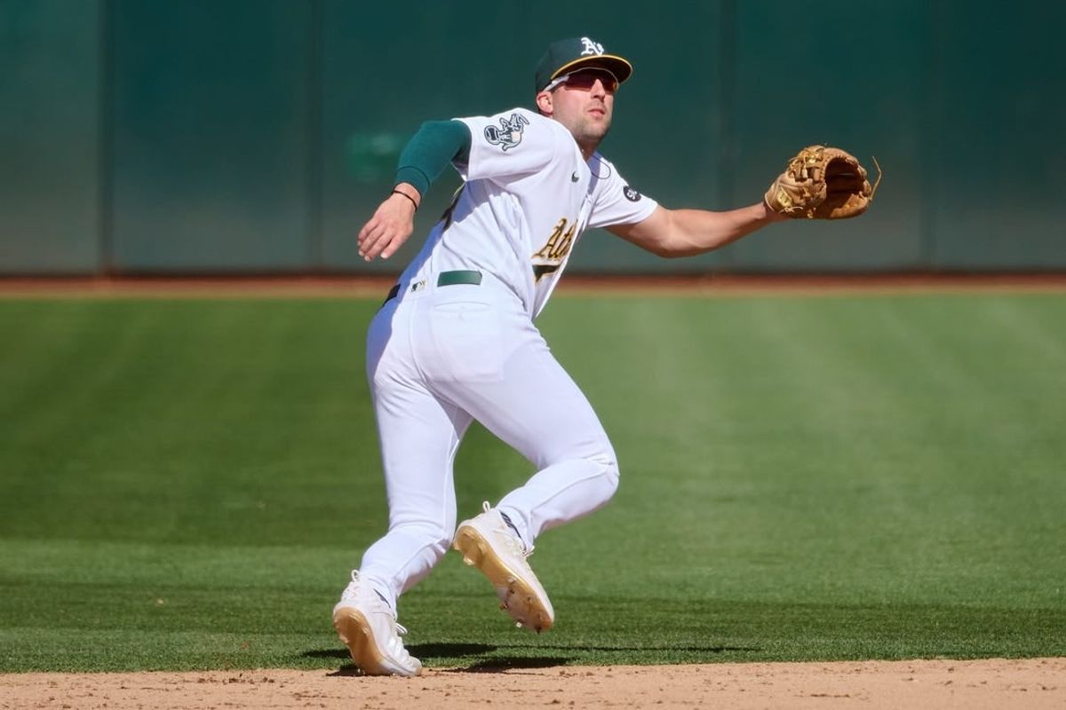 Sep 24, 2023; Oakland, California, USA; Oakland Athletics infielder Kevin Smith (4) against the Detroit Tigers during the eighth inning at Oakland-Alameda County Coliseum.