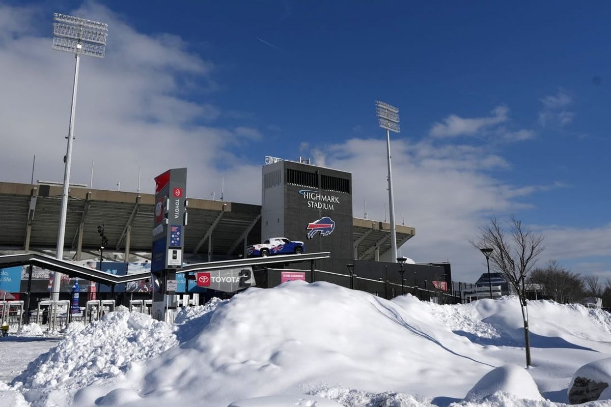 Jan 15, 2024; Orchard Park, New York, USA; Snow outside of Highmark Stadium during a 2024 AFC wild card game between the Pittsburgh Steelers and the Buffalo Bills.