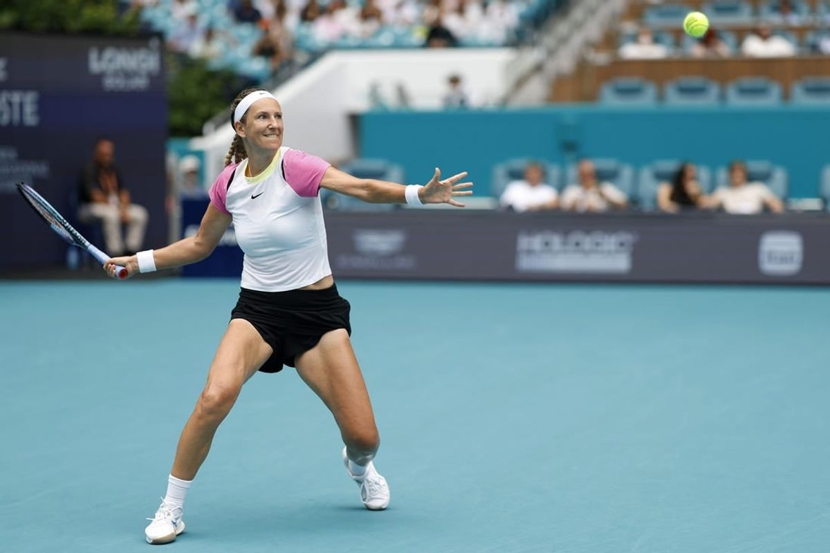 Mar 26, 2024; Miami Gardens, FL, USA; Victoria Azarenka hits a forehand against Yulia Putintseva (KAZ) (not pictured) on day nine of the Miami Open at Hard Rock Stadium.