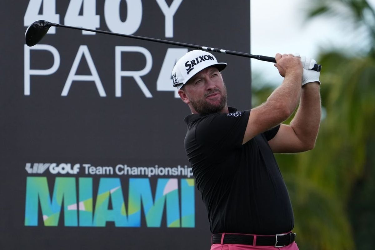 Oct 29, 2022; Miami, Florida, USA; Graeme McDowell tees off on the 3rd hole during the second round of the season finale of the LIV Golf series at Trump National Doral.