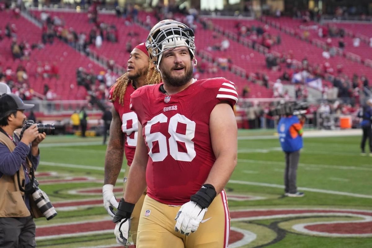 Dec 10, 2023; Santa Clara, California, USA; San Francisco 49ers offensive tackle Colton McKivitz (68) walks off of the field after defeating the Seattle Seahawks at Levi's Stadium.