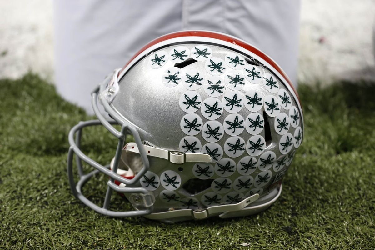 Jan 1, 2015; New Orleans, LA, USA; General view of an Ohio State Buckeyes helmet prior to the 2015 Sugar Bowl against the Alabama Crimson Tide at Mercedes-Benz Superdome. Mandatory Credit: Matthew Emmons-Imagn Images