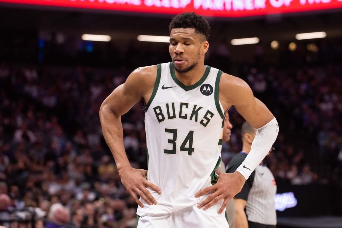 Mar 12, 2024; Sacramento, California, USA; Milwaukee Bucks forward Giannis Antetokounmpo (34) reacts to a call during the second quarter at Golden 1 Center.
