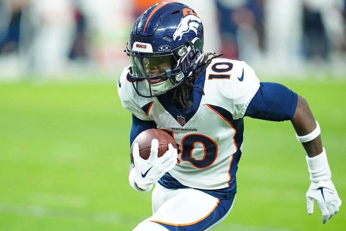 Jan 7, 2024; Paradise, Nevada, USA; Denver Broncos wide receiver Jerry Jeudy (10) gains yardage against the Las Vegas Raiders during the fourth quarter at Allegiant Stadium.