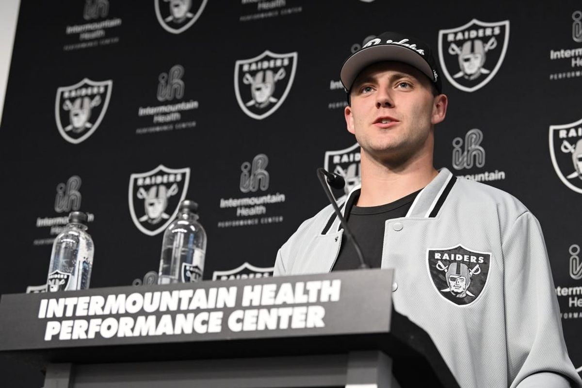 Apr 26, 2024; Henderson, NV, USA; Las Vegas Raiders tight end Brock Bowers speaks to the media at Intermountain Health Performance Center in Henderson, NV.