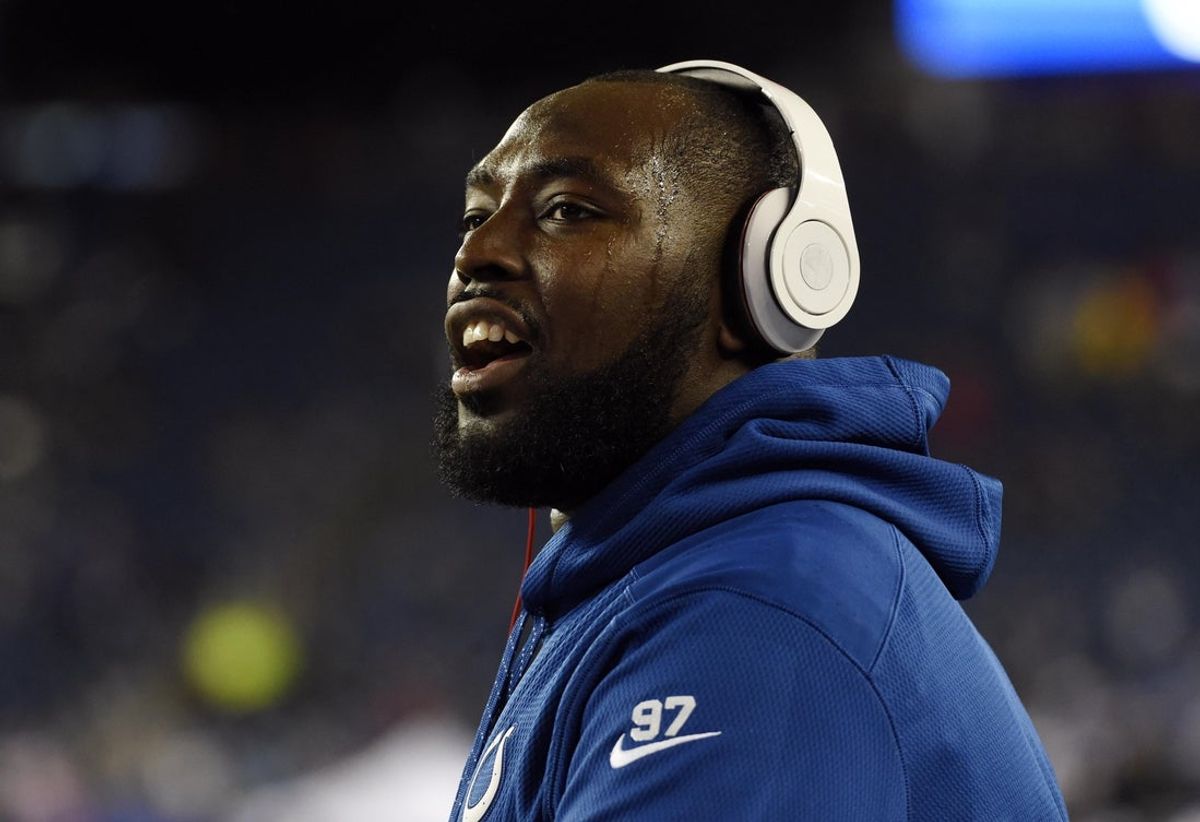 Jan 18, 2015; Foxborough, MA, USA; Indianapolis Colts defensive end Arthur Jones (97) warms up before the AFC Championship Game against the New England Patriots at Gillette Stadium. Mandatory Credit: Robert Deutsch-Imagn Images
