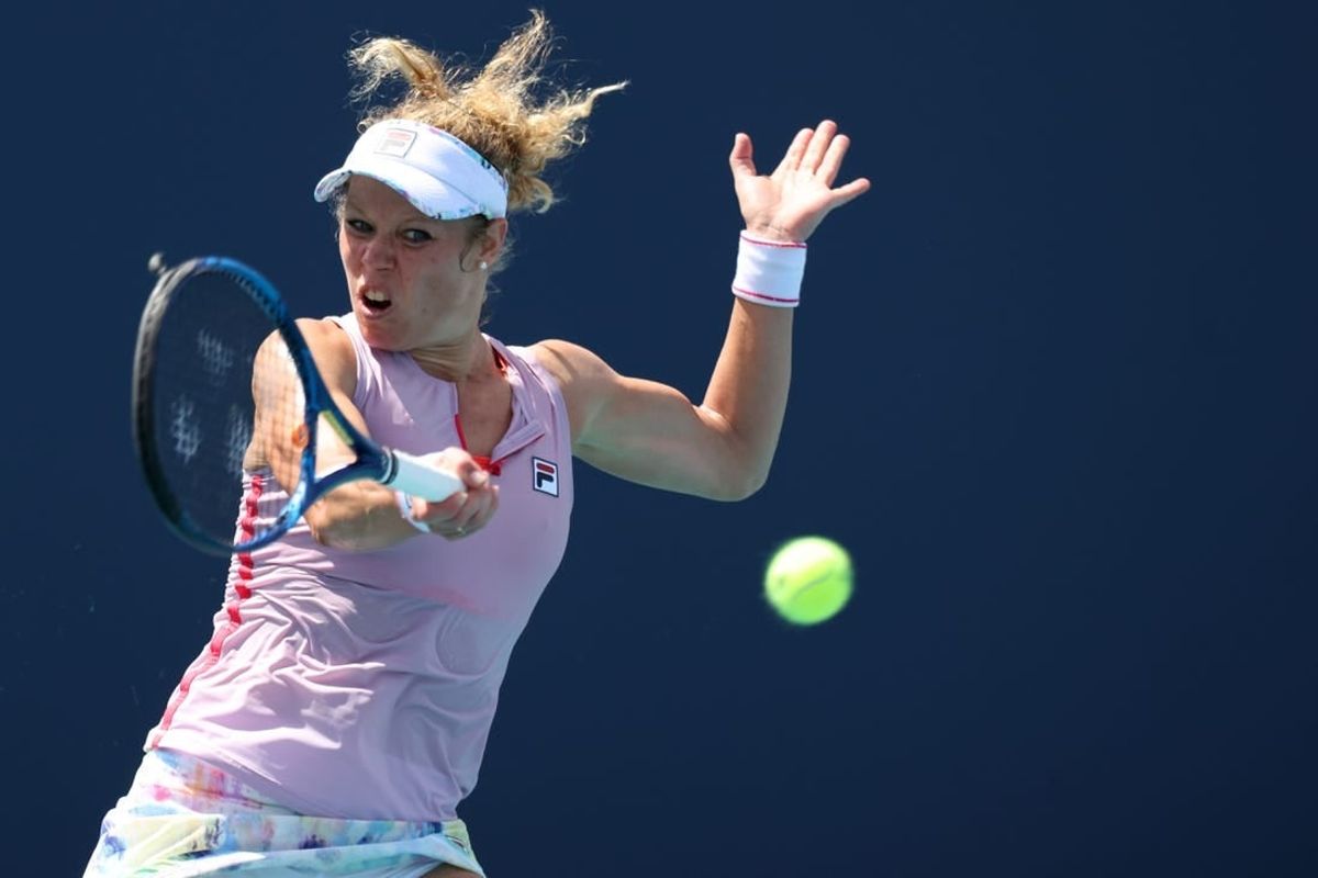 Mar 23, 2021; Miami, Florida, USA; Laura Siegemund of Germany hits a forehand against Christina McHale of the United States (not pictured) in the first round of the Miami Open at Hard Rock Stadium.