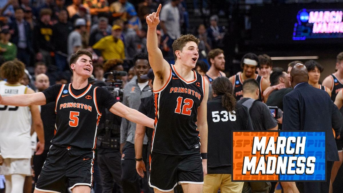 Princeton guard Jack Scott and forward Caden Pierce celebrate the team’s win over Missouri.