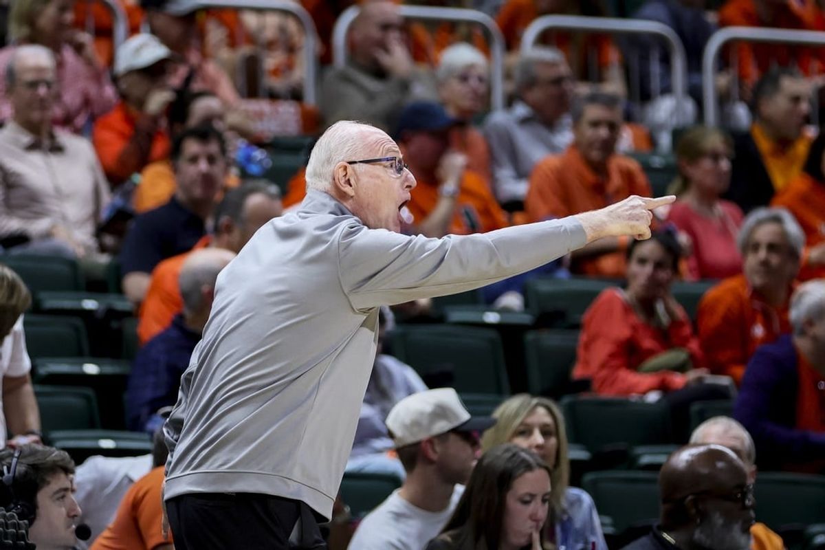 Jan 17, 2024; Coral Gables, Florida, USA; Miami Hurricanes head coach Jim Larranaga reacts from the sideline against the Florida State Seminoles during the second half at Watsco Center.