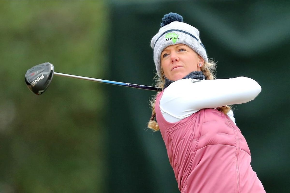 Dec 14, 2020; Houston, Texas, USA; Amy Olson takes a tee shot off the 1st tee box during the final round of the U.S. Women's Open golf tournament at Champions Golf Club.