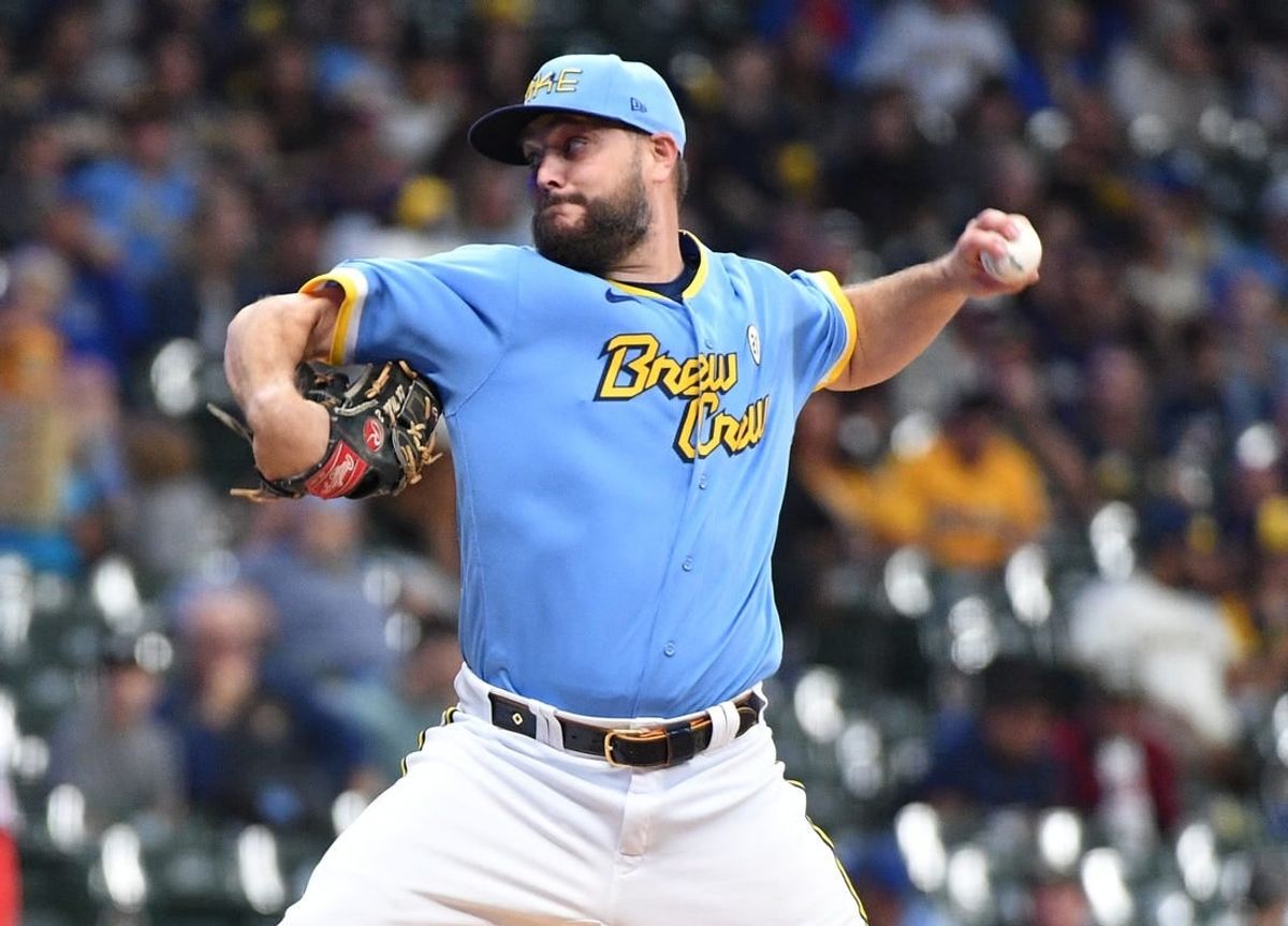 Sep 15, 2023; Milwaukee, Wisconsin, USA; Milwaukee Brewers starting pitcher Wade Miley (20) delivers a pitch against the Washington Nationals in the first inning at American Family Field.