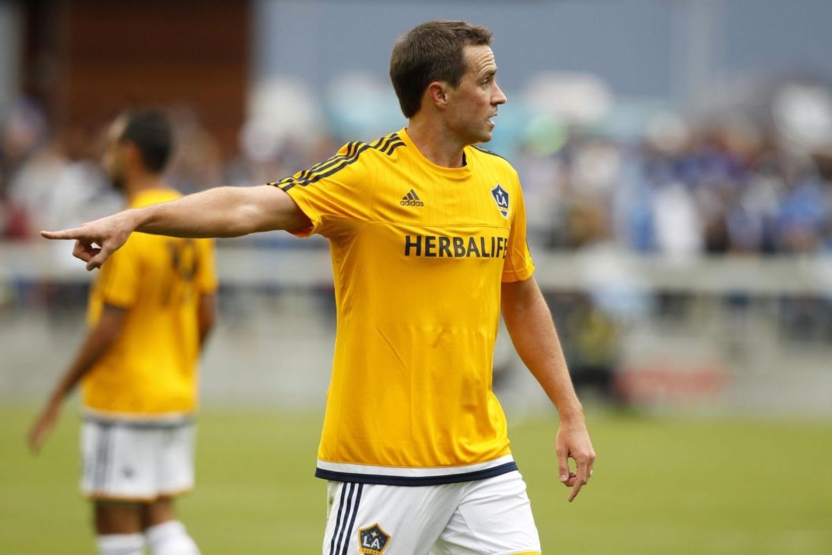 Feb 28, 2015; San Jose, CA, USA; Los Angeles Galaxy defender Todd Dunivant (2) talks to an official during action against the San Jose Earthquakes in the second half at Avaya Stadium. The Earthquakes defeated the Galaxy 3-2. Mandatory Credit: Cary Edmondson-Imagn Images