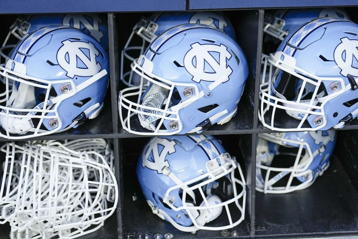 Sep 2, 2023; Charlotte, North Carolina, USA; North Carolina Tar Heels helmets during the first quarter against the South Carolina Gamecocks at Bank of America Stadium.