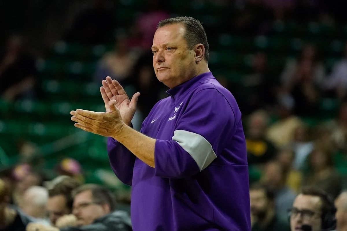 Dec 6, 2022; Waco, Texas, USA;  Tarleton Texans head coach Billy Gillispie reacts to a call against the Baylor Bears during the first half at Ferrell Center.