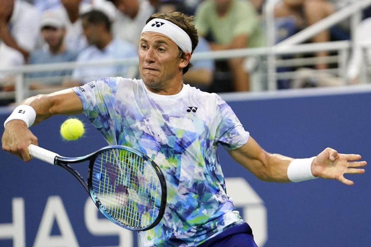 Aug 30, 2023; Flushing, NY, USA; Casper Ruud of Norway hits to Zhizhen Zhang of China on day three of the 2023 U.S. Open tennis tournament at USTA Billie Jean King National Tennis Center.
