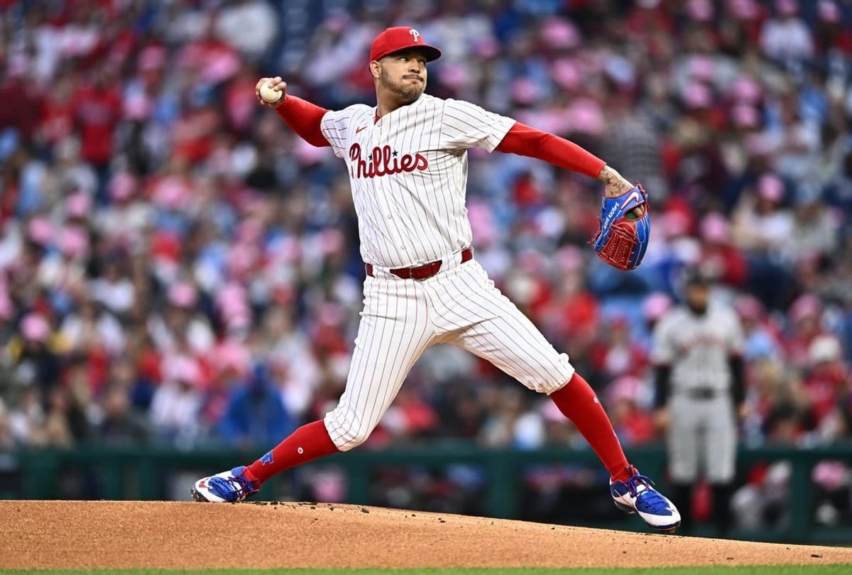 May 5, 2024; Philadelphia, Pennsylvania, USA; Philadelphia Phillies starting pitcher Taijuan Walker (99) throws a pitch against the San Francisco Giants in the first inning at Citizens Bank Park.