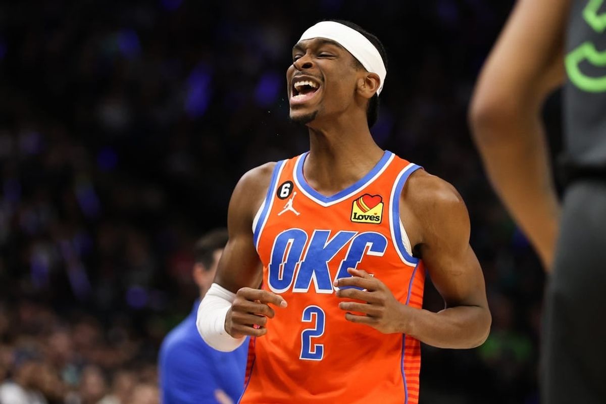 Apr 14, 2023; Minneapolis, Minnesota, USA; Oklahoma City Thunder guard Shai Gilgeous-Alexander (2) reacts to his shot against the Minnesota Timberwolves during the first quarter at Target Center.