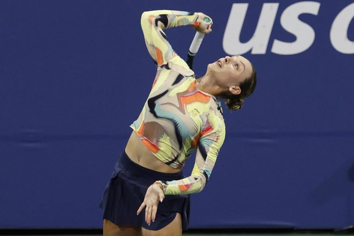 Aug 29, 2023; Flushing, NY, USA; Ana Bogdan of Romania serves against Sofia Kenin of the Unites States (not pictured) on day two of the 2023 U.S. Open tennis tournament at USTA Billie Jean King National Tennis Center.