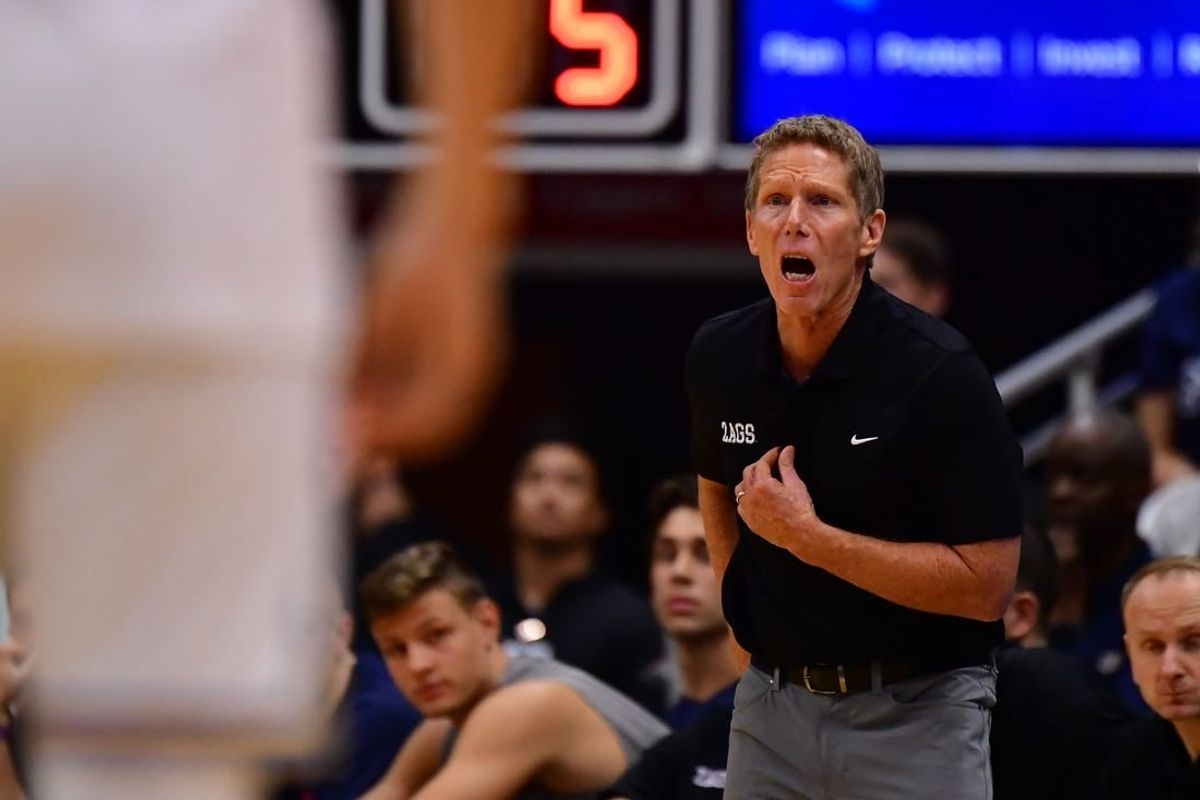 Nov 22, 2023; Honolulu, HI, USA; Gonzaga Bulldogs head coach Mark Few gives instructions to his players against the UCLA Bruins during the first period at SimpliFi Arena at Stan Sheriff Center.