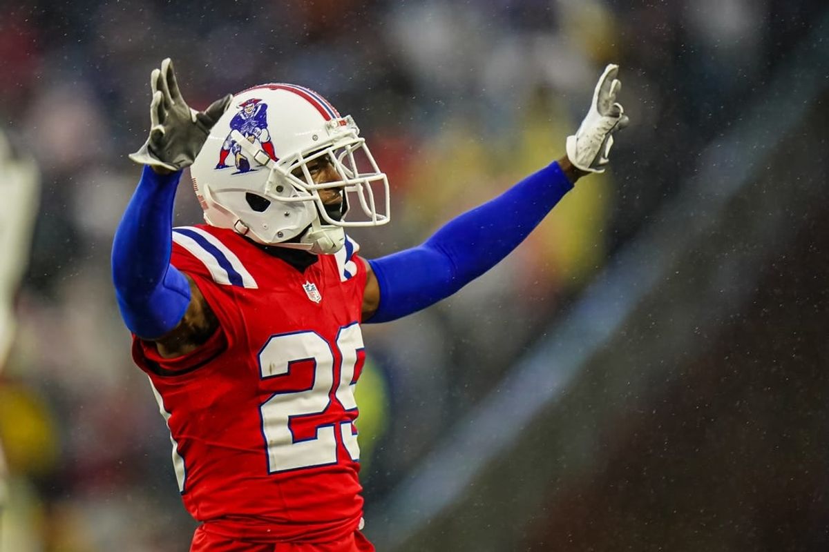 Dec 3, 2023; Foxborough, Massachusetts, USA; New England Patriots cornerback J.C. Jackson (29) reacts after his play against the Los Angeles Chargers in the second half at Gillette Stadium.