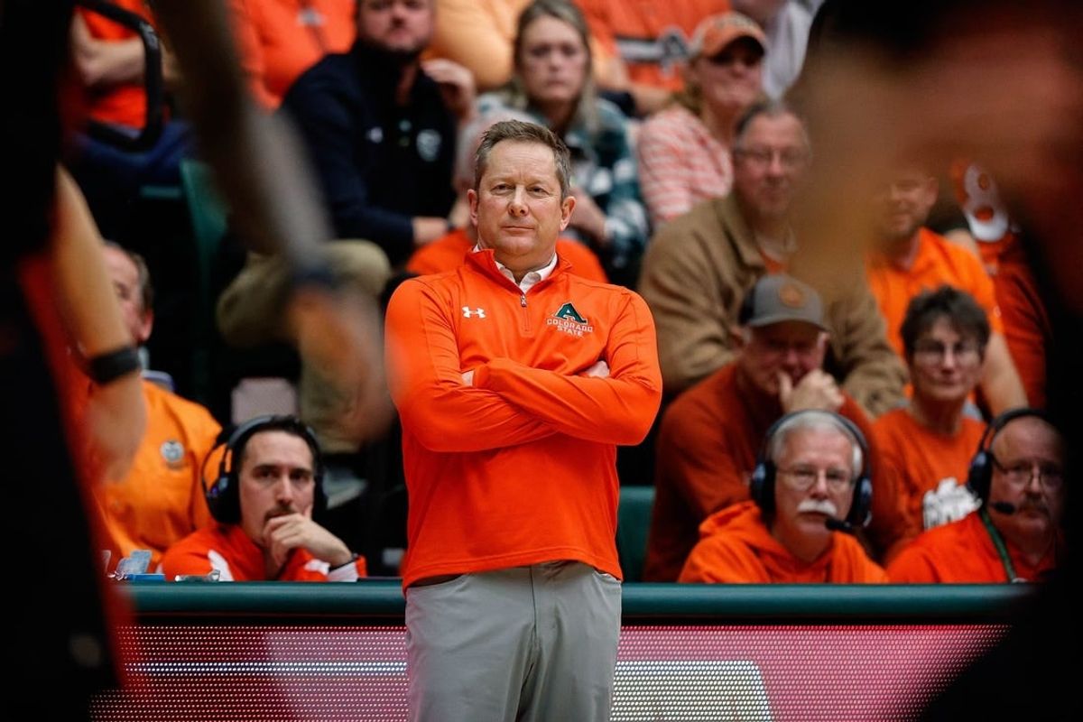 Jan 19, 2024; Fort Collins, Colorado, USA; Colorado State Rams head coach Niko Medved looks on in the second half against the UNLV Rebels at Moby Arena.