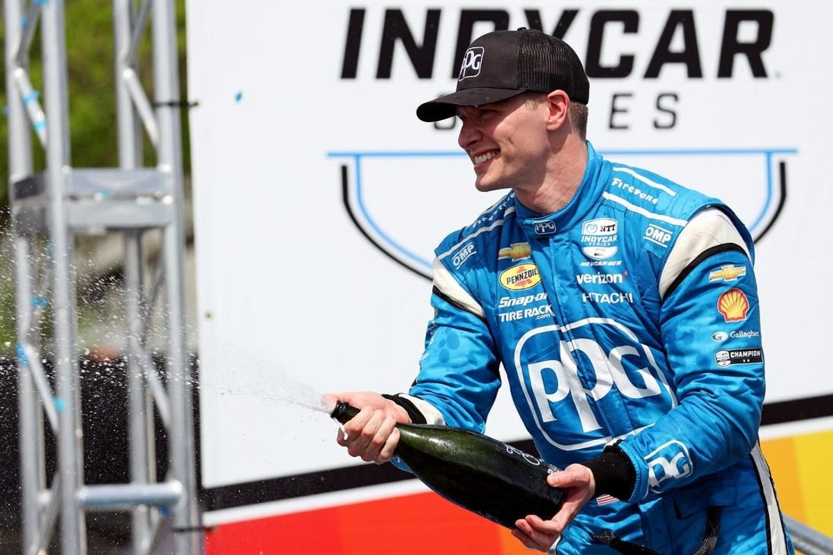 Mar 10, 2024; St. Petersburg, Florida, USA; Indycar driver Josef Newgarden (2) celebrates winning the Grand Prix of St. Petersburg.