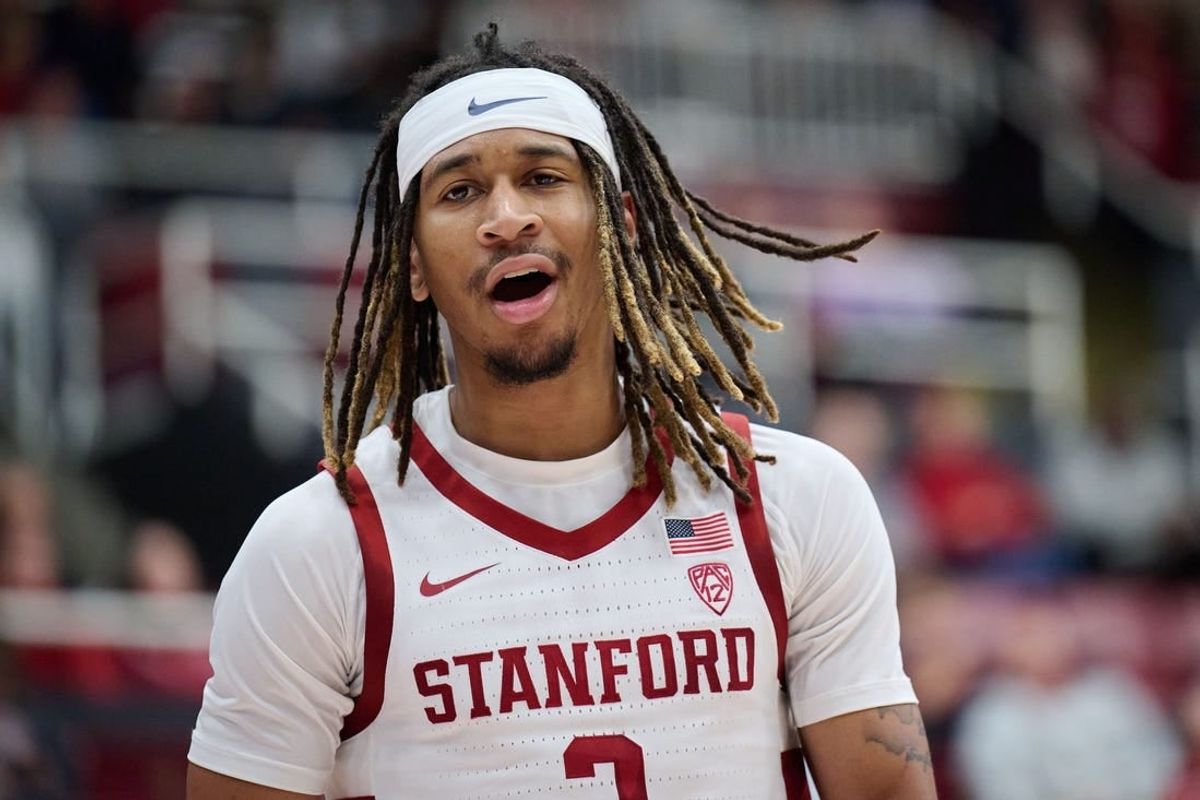 Jan 18, 2024; Stanford, California, USA; Stanford Cardinal guard Kanaan Carlyle (3) reacts during the first half against the Washington State Cougars at Maples Pavilion.