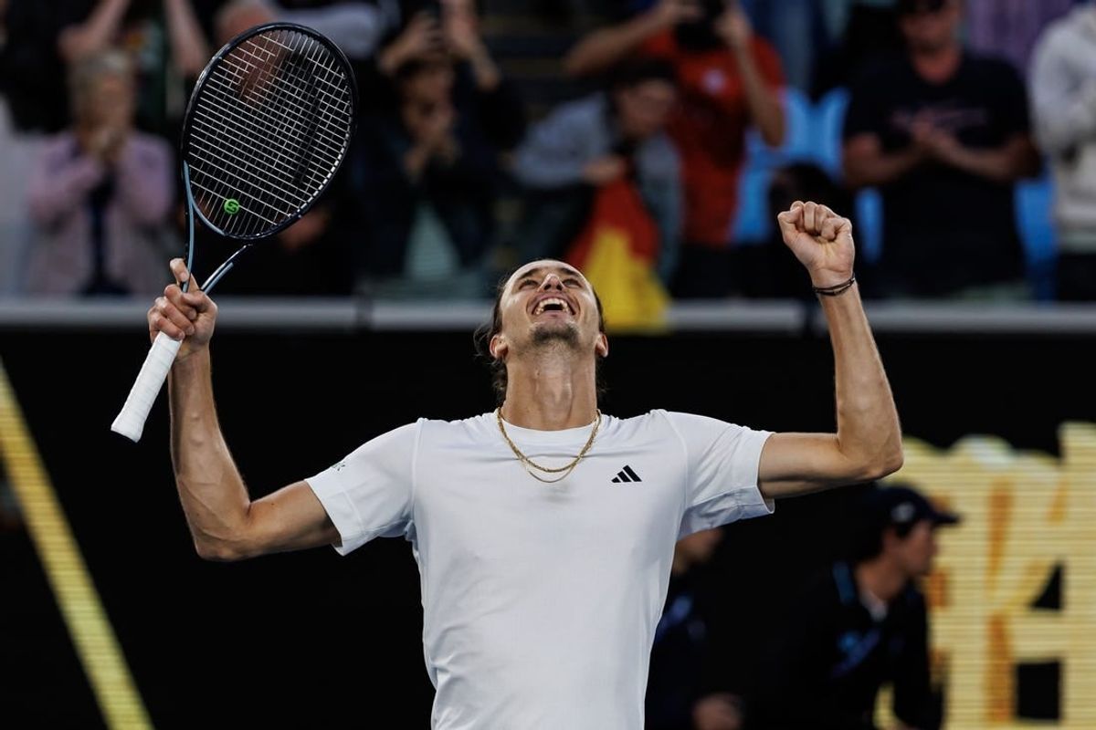Jan 22, 2024; Melbourne, Victoria, Australia; Alexander Zverev of Germany celebrates his victory over Cameron Norrie of Great Britain in the fourth round of the men s singles at the Australian Open in Melbourne.