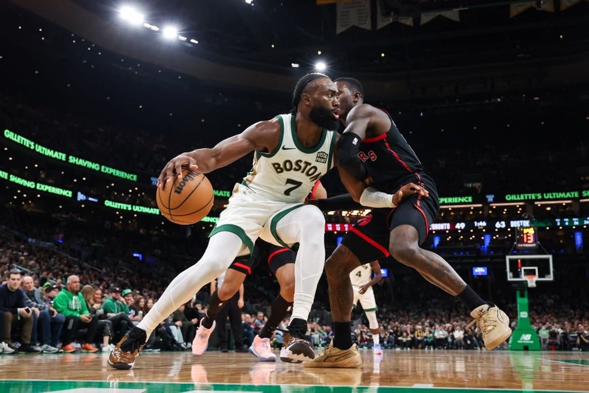 Dec 29, 2023; Boston, Massachusetts, USA; Boston Celtics forward Jaylen Brown (7) drives to the basket during the first half against the Toronto Raptors at TD Garden.