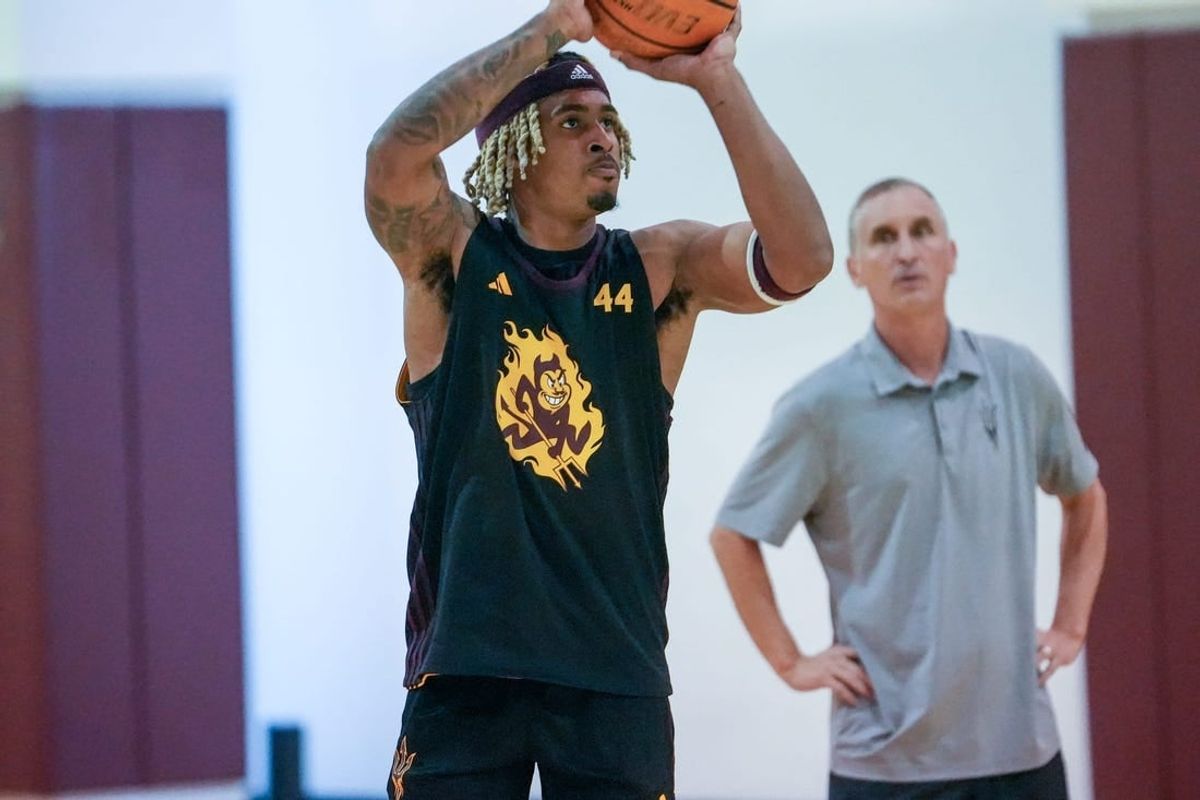 Arizona State University's Adam Miller (44) attends a basketball practice at the campus Weatherup Center in Tempe on Sept. 27, 2023.